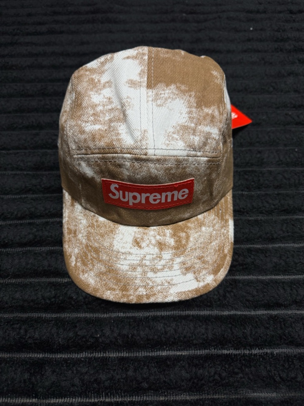 Supreme White and Tan Tie-Dye Camp Cap with Red Logo Tag